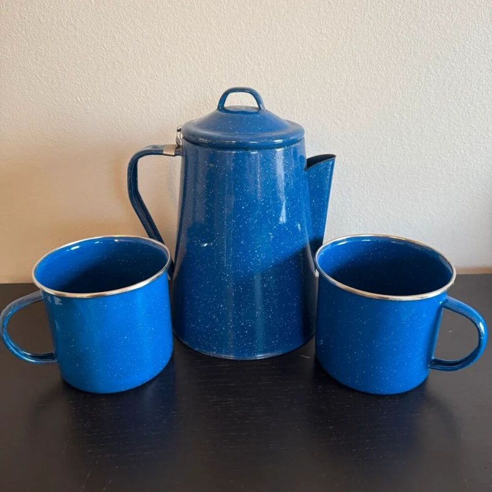 Vintage Style Blue Speckled Enamelware Camping Coffee Pot & 2 Mug Set